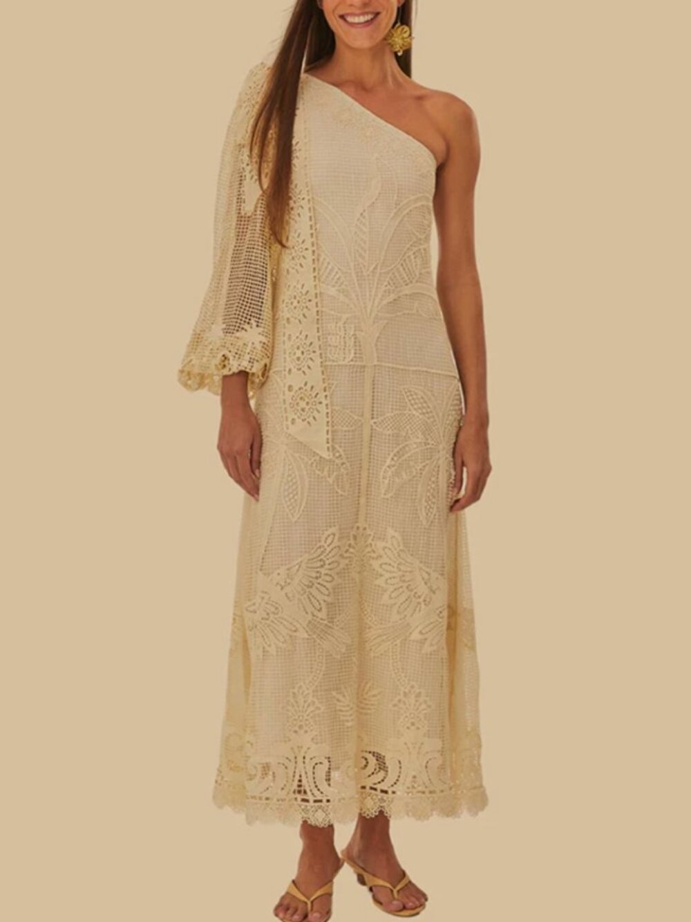 Farm Rio Guipure Coconut Maxi Dress Off White Ivory P/XSmall One Shoulder